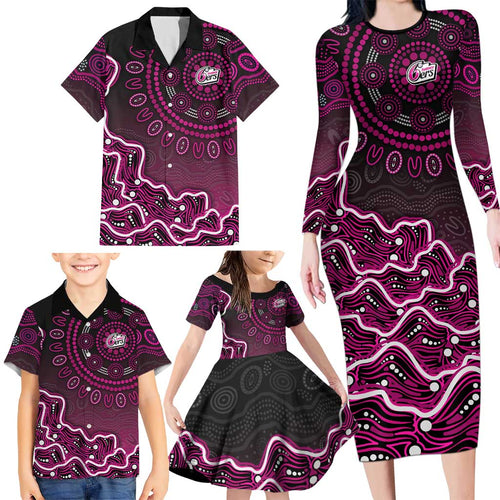 Sydney Sixers Cricket Mascot Family Matching Long Sleeve Bodycon Dress and Hawaiian Shirt Aboriginal Dot Art Pink And Black Tribal Pattern