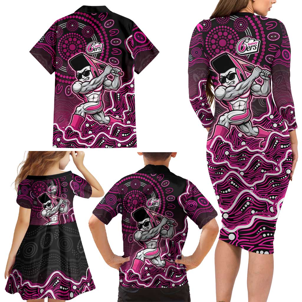 Sydney Sixers Cricket Mascot Family Matching Long Sleeve Bodycon Dress and Hawaiian Shirt Aboriginal Dot Art Pink And Black Tribal Pattern