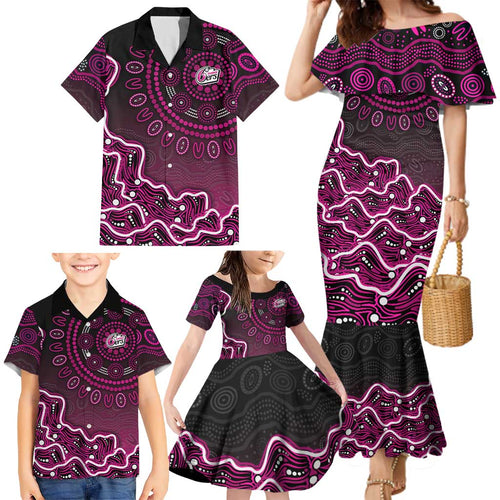Sydney Sixers Cricket Mascot Family Matching Mermaid Dress and Hawaiian Shirt Aboriginal Dot Art Pink And Black Tribal Pattern