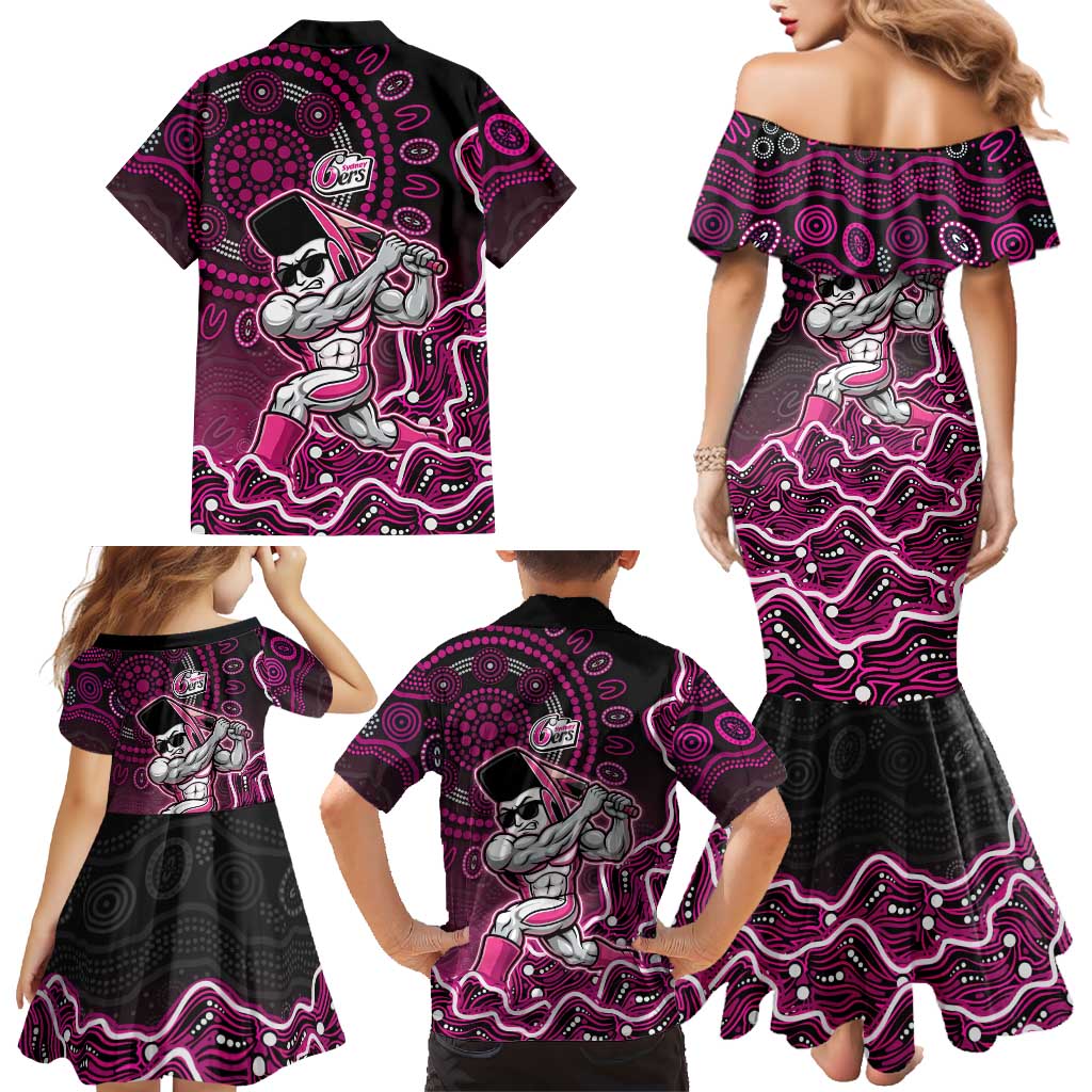 Sydney Sixers Cricket Mascot Family Matching Mermaid Dress and Hawaiian Shirt Aboriginal Dot Art Pink And Black Tribal Pattern