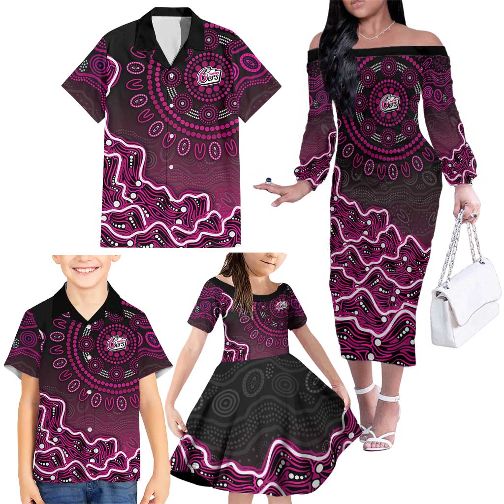 Sydney Sixers Cricket Mascot Family Matching Off The Shoulder Long Sleeve Dress and Hawaiian Shirt Aboriginal Dot Art Pink And Black Tribal Pattern
