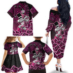 Sydney Sixers Cricket Mascot Family Matching Off The Shoulder Long Sleeve Dress and Hawaiian Shirt Aboriginal Dot Art Pink And Black Tribal Pattern