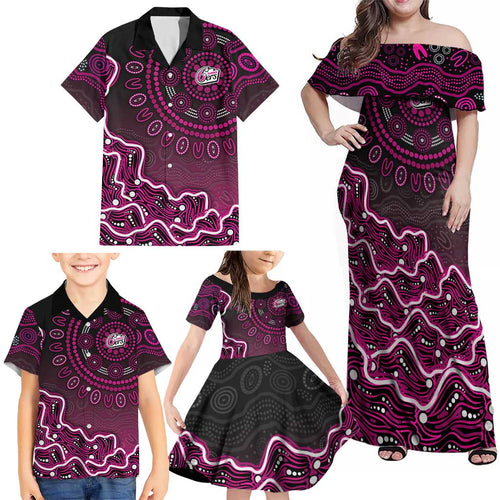 Sydney Sixers Cricket Mascot Family Matching Off Shoulder Maxi Dress and Hawaiian Shirt Aboriginal Dot Art Pink And Black Tribal Pattern