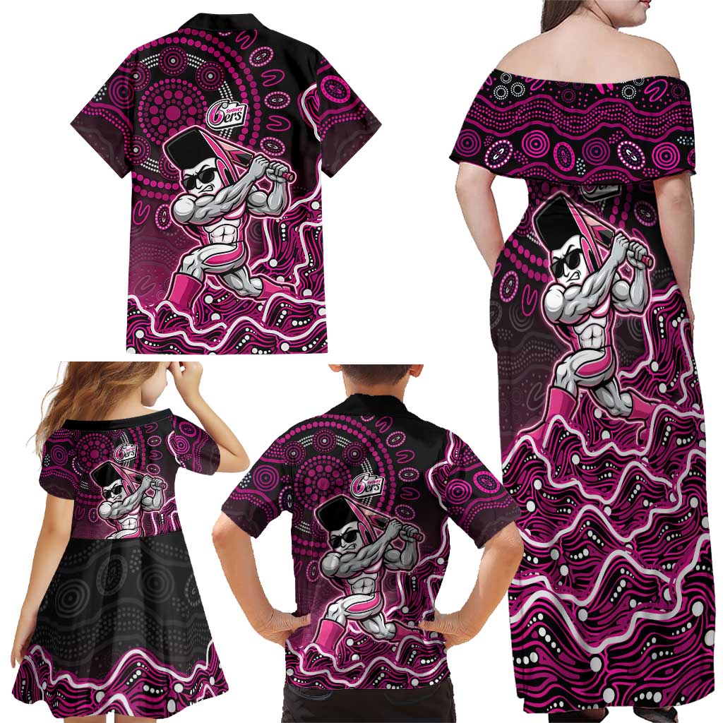 Sydney Sixers Cricket Mascot Family Matching Off Shoulder Maxi Dress and Hawaiian Shirt Aboriginal Dot Art Pink And Black Tribal Pattern