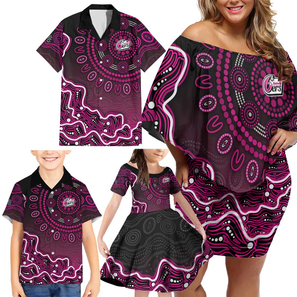 Sydney Sixers Cricket Mascot Family Matching Off Shoulder Short Dress and Hawaiian Shirt Aboriginal Dot Art Pink And Black Tribal Pattern