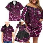 Sydney Sixers Cricket Mascot Family Matching Off Shoulder Short Dress and Hawaiian Shirt Aboriginal Dot Art Pink And Black Tribal Pattern