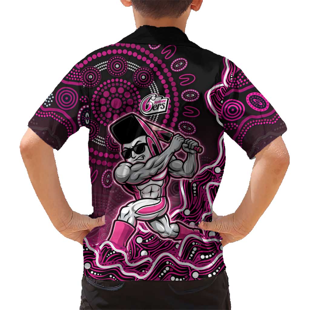 Sydney Sixers Cricket Mascot Family Matching Off Shoulder Short Dress and Hawaiian Shirt Aboriginal Dot Art Pink And Black Tribal Pattern