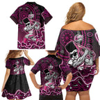 Sydney Sixers Cricket Mascot Family Matching Off Shoulder Short Dress and Hawaiian Shirt Aboriginal Dot Art Pink And Black Tribal Pattern