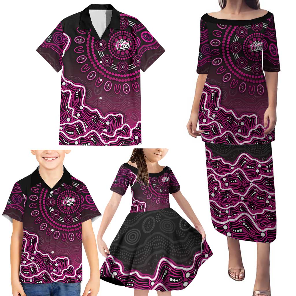 Sydney Sixers Cricket Mascot Family Matching Puletasi and Hawaiian Shirt Aboriginal Dot Art Pink And Black Tribal Pattern