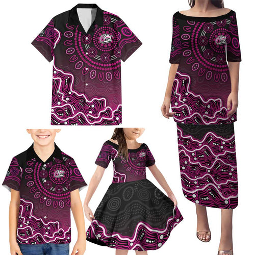 Sydney Sixers Cricket Mascot Family Matching Puletasi and Hawaiian Shirt Aboriginal Dot Art Pink And Black Tribal Pattern