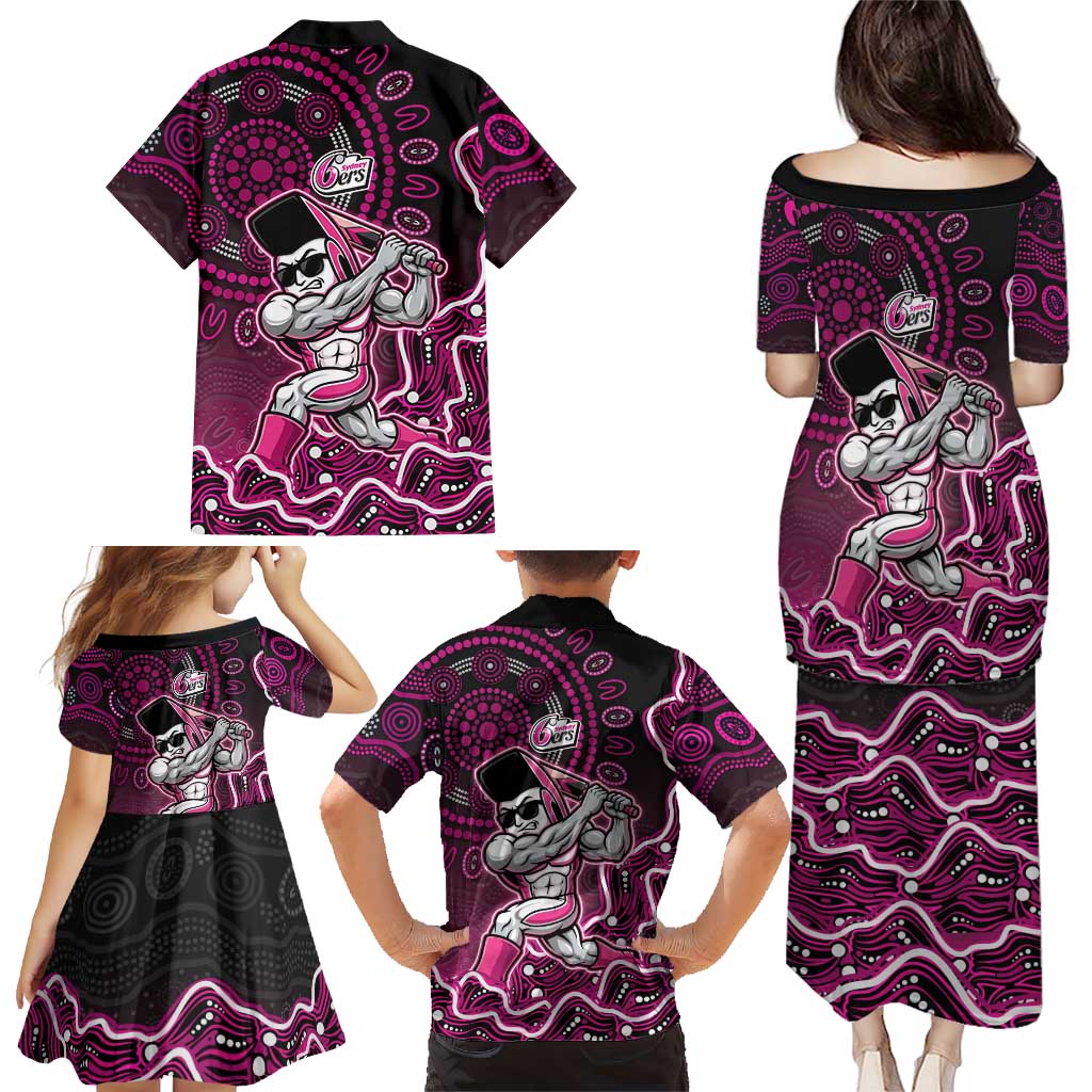 Sydney Sixers Cricket Mascot Family Matching Puletasi and Hawaiian Shirt Aboriginal Dot Art Pink And Black Tribal Pattern