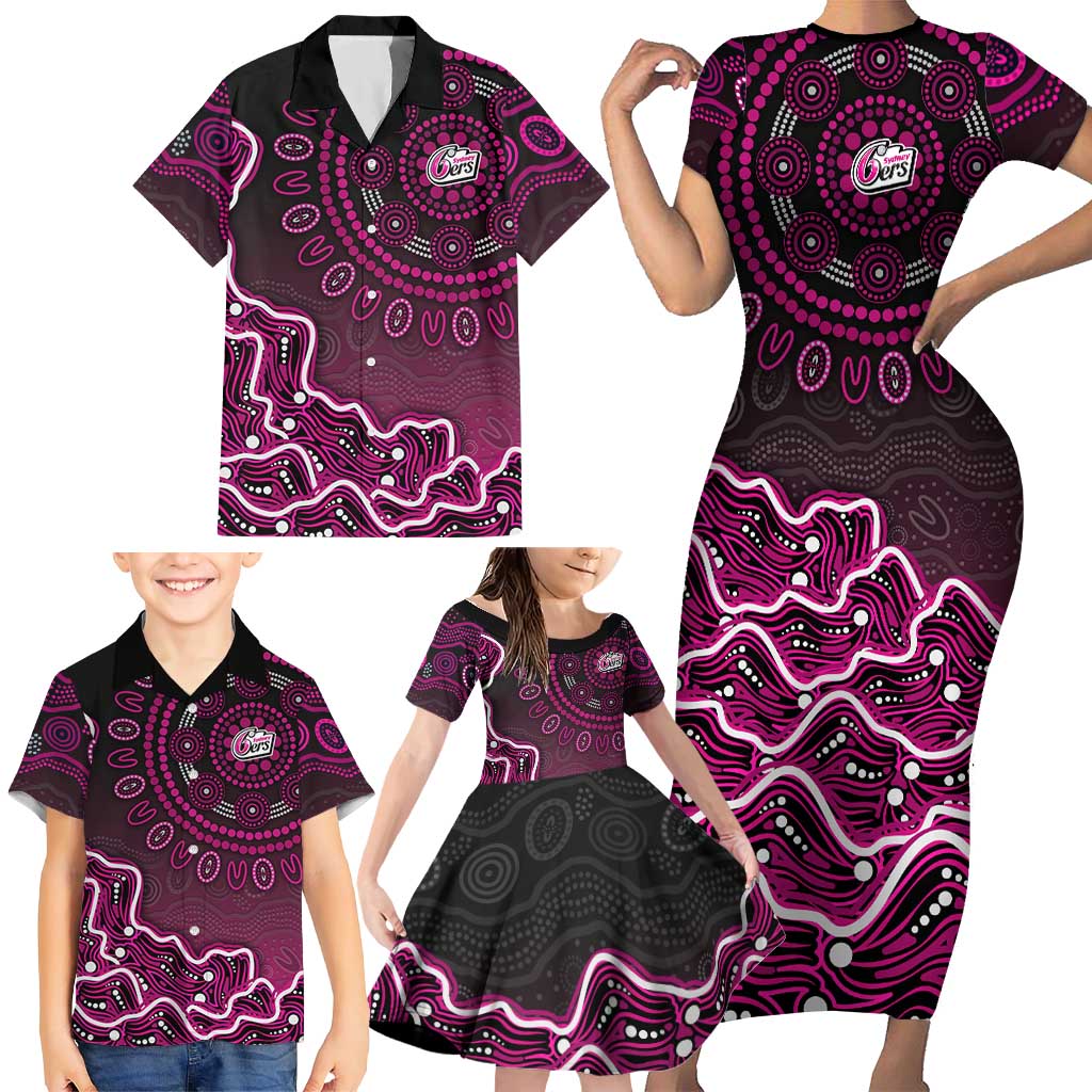 Sydney Sixers Cricket Mascot Family Matching Short Sleeve Bodycon Dress and Hawaiian Shirt Aboriginal Dot Art Pink And Black Tribal Pattern