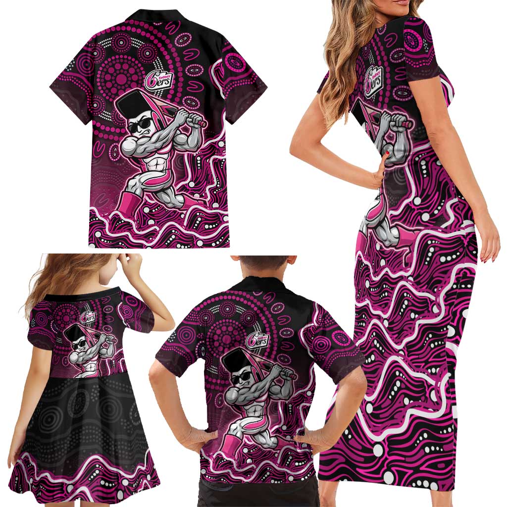 Sydney Sixers Cricket Mascot Family Matching Short Sleeve Bodycon Dress and Hawaiian Shirt Aboriginal Dot Art Pink And Black Tribal Pattern