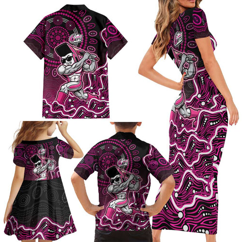 Sydney Sixers Cricket Mascot Family Matching Short Sleeve Bodycon Dress and Hawaiian Shirt Aboriginal Dot Art Pink And Black Tribal Pattern