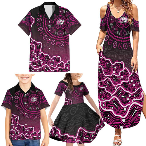 Sydney Sixers Cricket Mascot Family Matching Summer Maxi Dress and Hawaiian Shirt Aboriginal Dot Art Pink And Black Tribal Pattern
