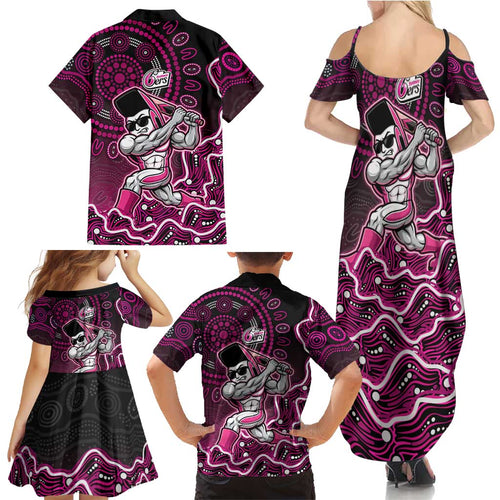 Sydney Sixers Cricket Mascot Family Matching Summer Maxi Dress and Hawaiian Shirt Aboriginal Dot Art Pink And Black Tribal Pattern