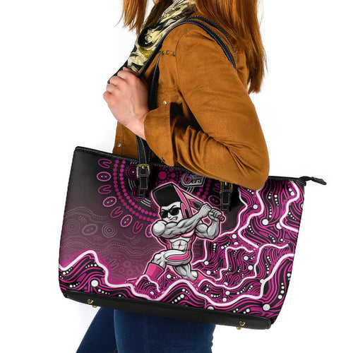 Sydney Sixers Cricket Mascot Leather Tote Bag Aboriginal Dot Art Pink And Black Tribal Pattern