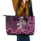 Sydney Sixers Cricket Mascot Leather Tote Bag Aboriginal Dot Art Pink And Black Tribal Pattern