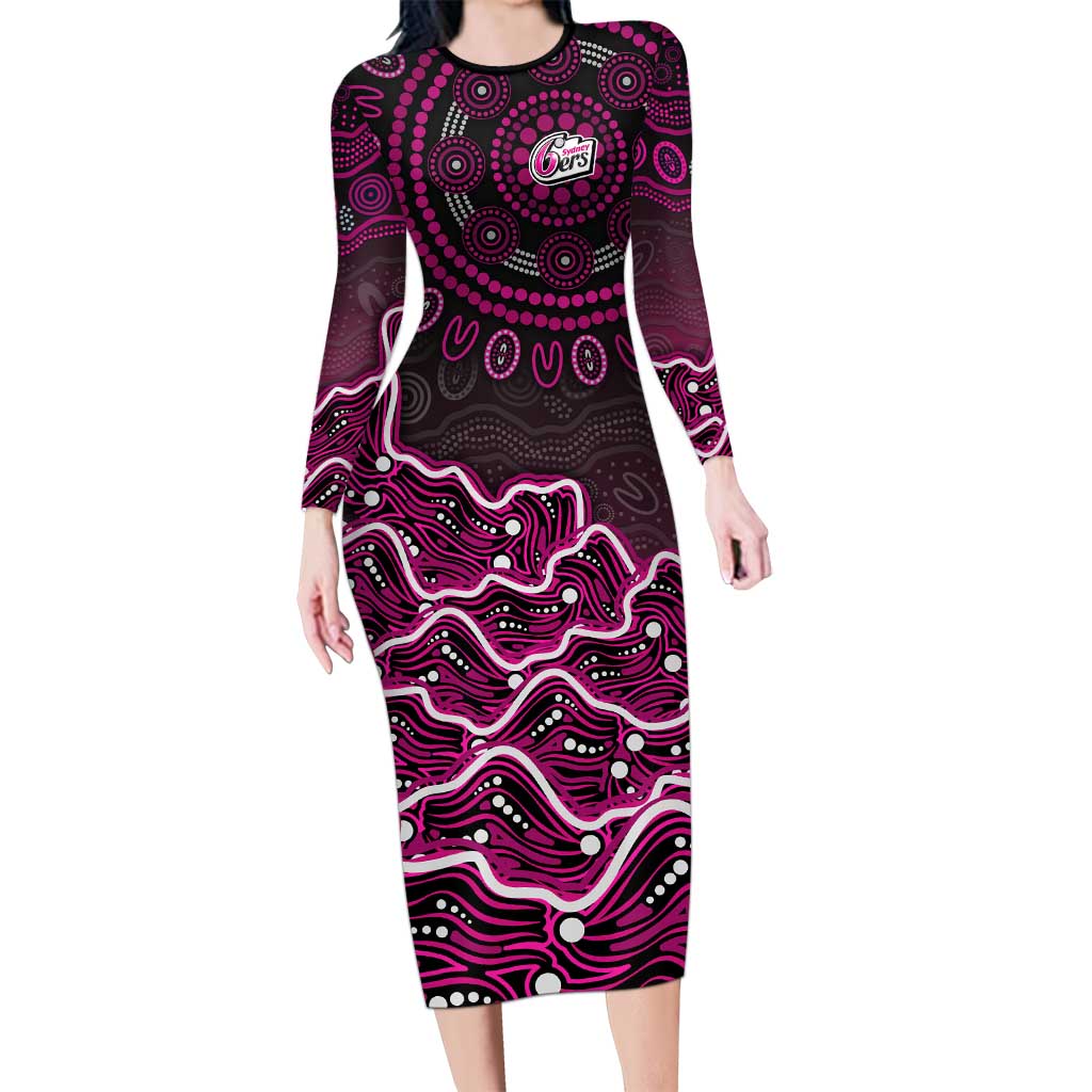 Sydney Sixers Cricket Mascot Long Sleeve Bodycon Dress Aboriginal Dot Art Pink And Black Tribal Pattern
