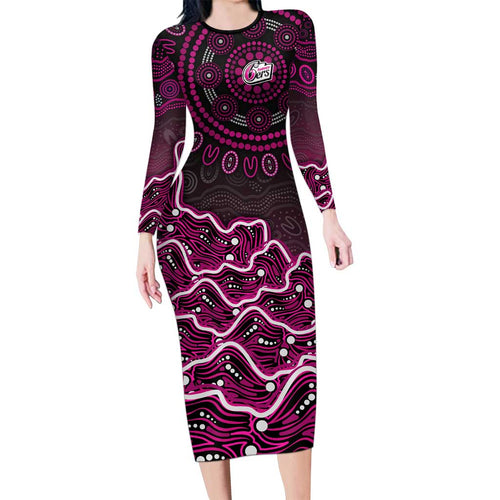Sydney Sixers Cricket Mascot Long Sleeve Bodycon Dress Aboriginal Dot Art Pink And Black Tribal Pattern