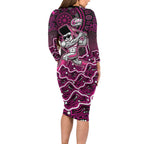 Sydney Sixers Cricket Mascot Long Sleeve Bodycon Dress Aboriginal Dot Art Pink And Black Tribal Pattern