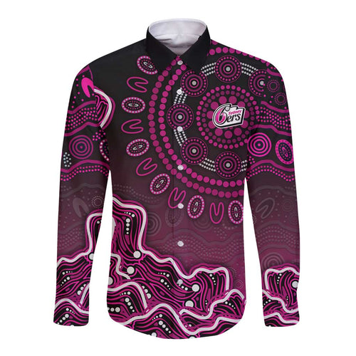 Sydney Sixers Cricket Mascot Long Sleeve Button Shirt Aboriginal Dot Art Pink And Black Tribal Pattern