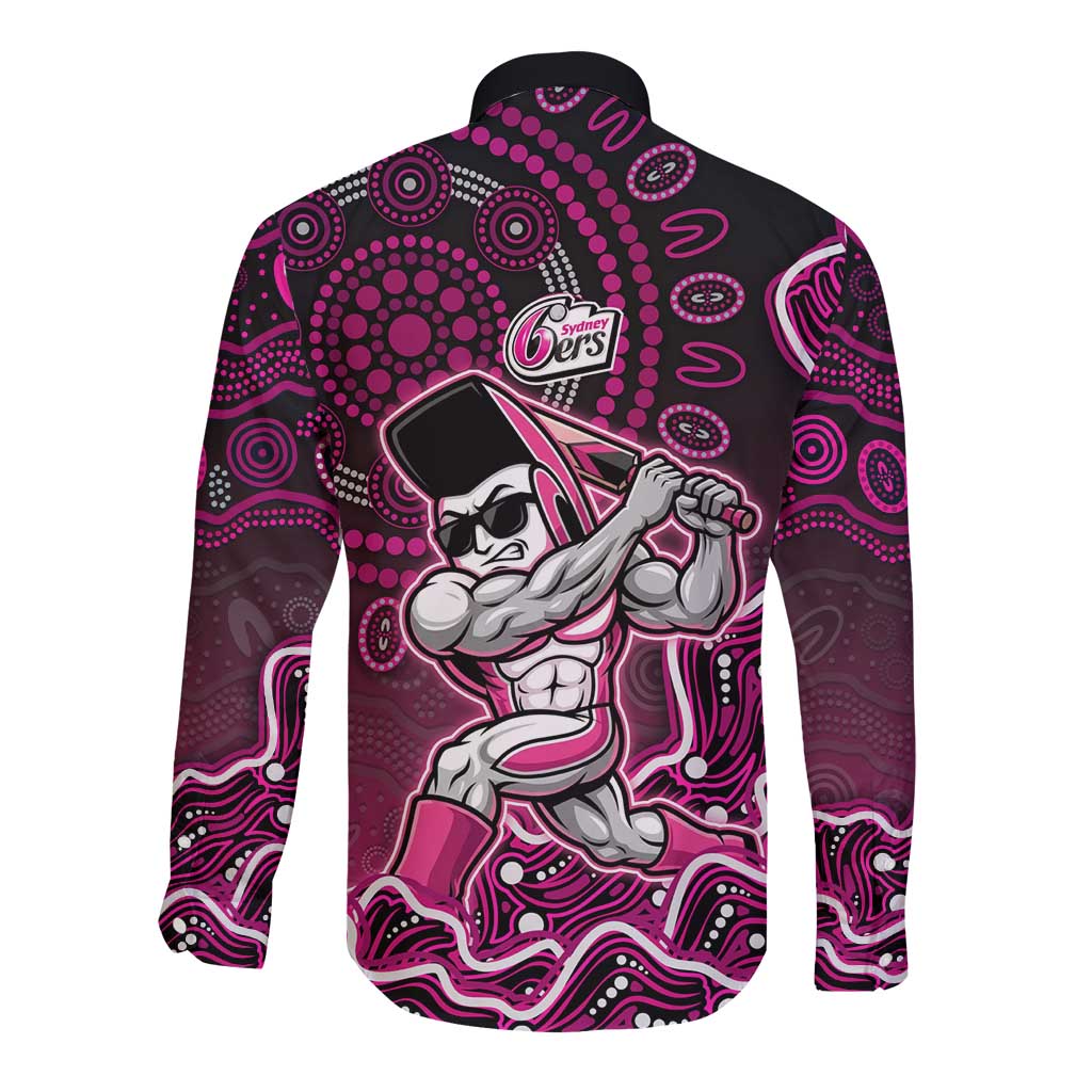 Sydney Sixers Cricket Mascot Long Sleeve Button Shirt Aboriginal Dot Art Pink And Black Tribal Pattern