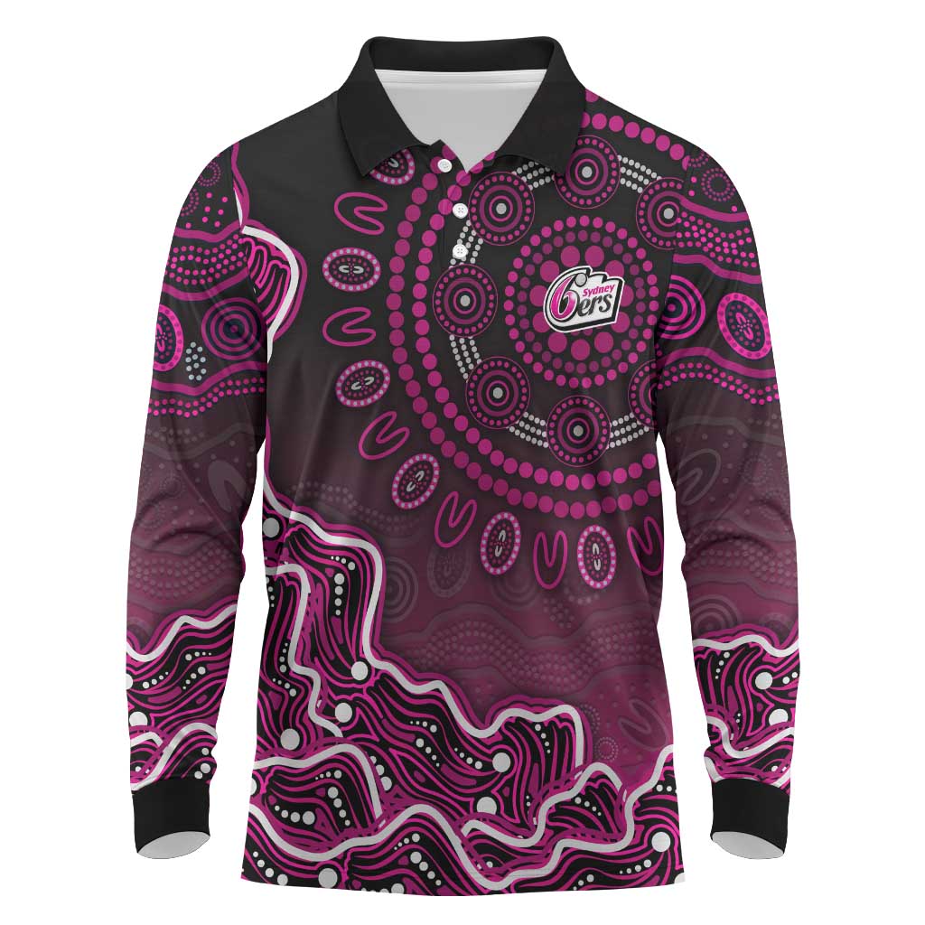 Sydney Sixers Cricket Mascot Long Sleeve Polo Shirt Aboriginal Dot Art Pink And Black Tribal Pattern