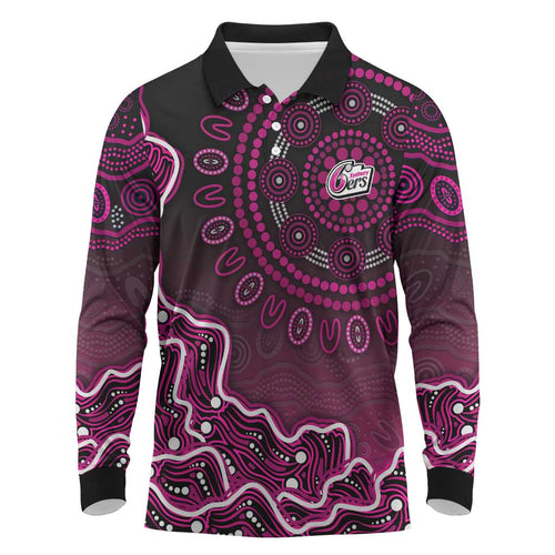 Sydney Sixers Cricket Mascot Long Sleeve Polo Shirt Aboriginal Dot Art Pink And Black Tribal Pattern