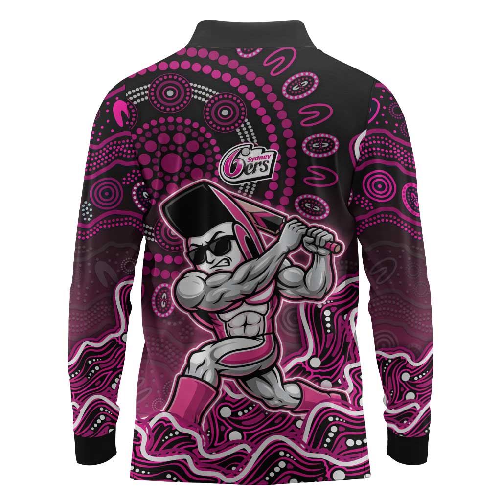 Sydney Sixers Cricket Mascot Long Sleeve Polo Shirt Aboriginal Dot Art Pink And Black Tribal Pattern