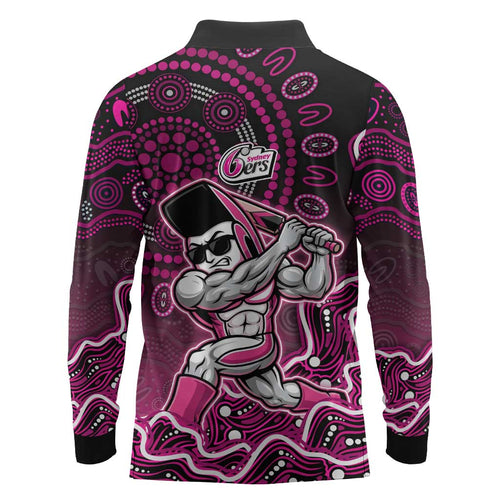 Sydney Sixers Cricket Mascot Long Sleeve Polo Shirt Aboriginal Dot Art Pink And Black Tribal Pattern