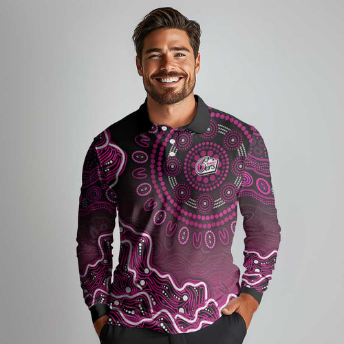 Sydney Sixers Cricket Mascot Long Sleeve Polo Shirt Aboriginal Dot Art Pink And Black Tribal Pattern