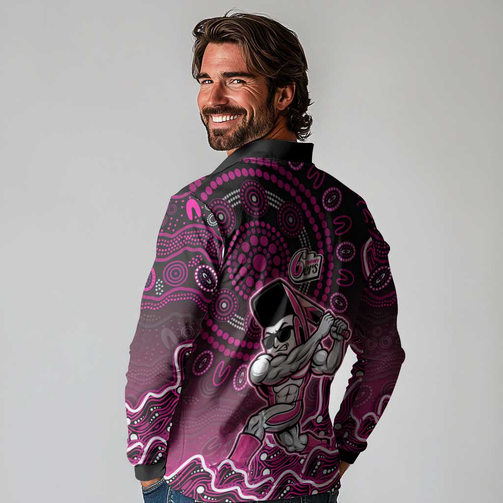 Sydney Sixers Cricket Mascot Long Sleeve Polo Shirt Aboriginal Dot Art Pink And Black Tribal Pattern