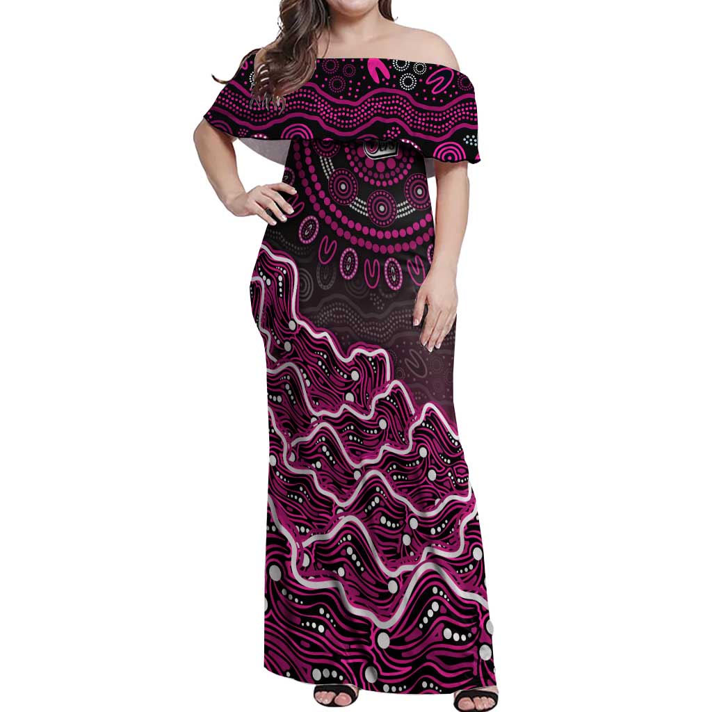 Sydney Sixers Cricket Mascot Off Shoulder Maxi Dress Aboriginal Dot Art Pink And Black Tribal Pattern