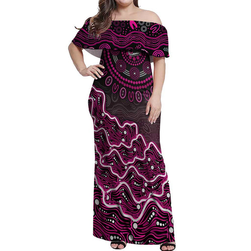 Sydney Sixers Cricket Mascot Off Shoulder Maxi Dress Aboriginal Dot Art Pink And Black Tribal Pattern