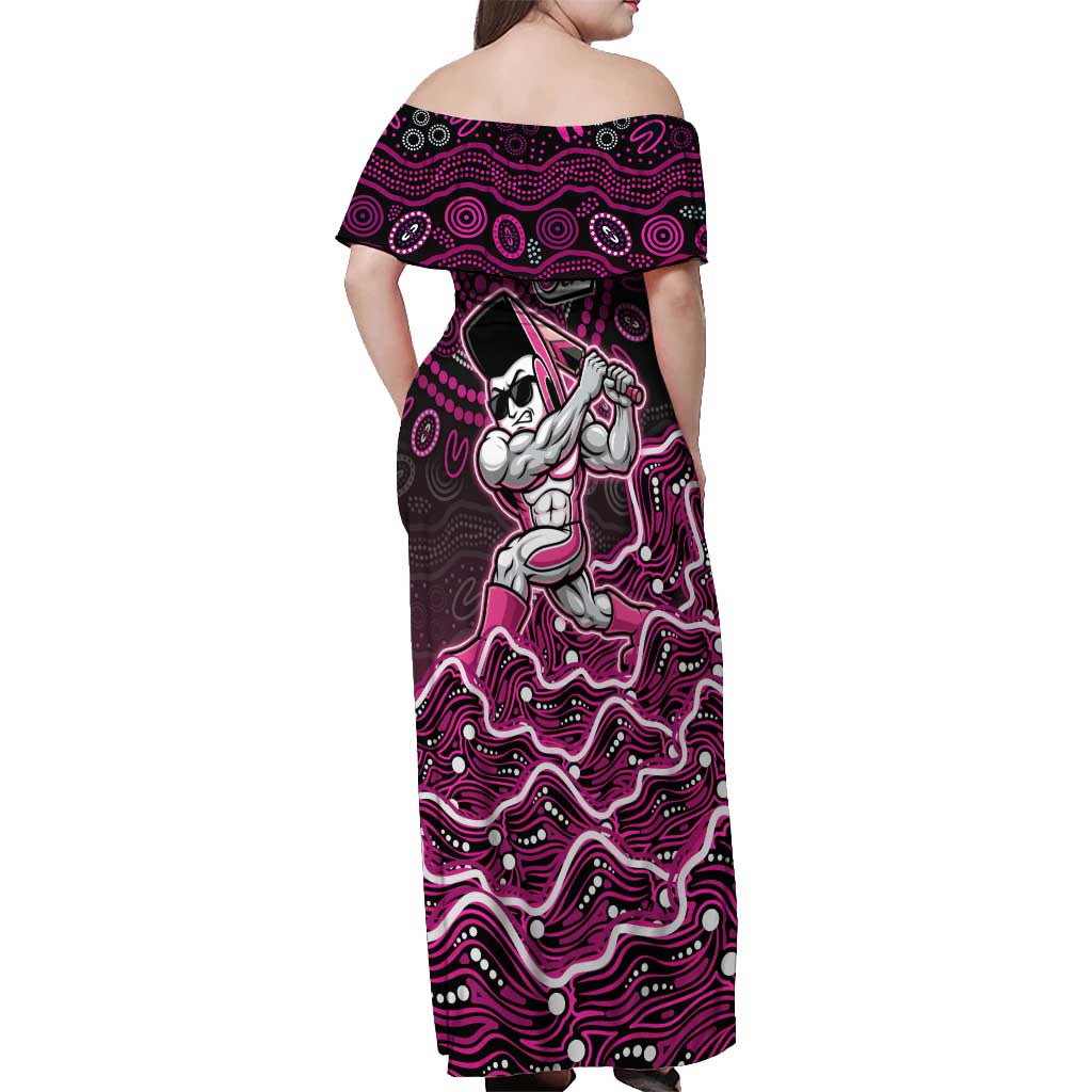 Sydney Sixers Cricket Mascot Off Shoulder Maxi Dress Aboriginal Dot Art Pink And Black Tribal Pattern