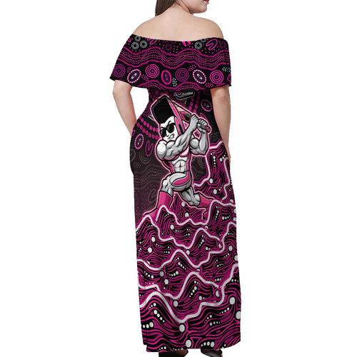 Sydney Sixers Cricket Mascot Off Shoulder Maxi Dress Aboriginal Dot Art Pink And Black Tribal Pattern