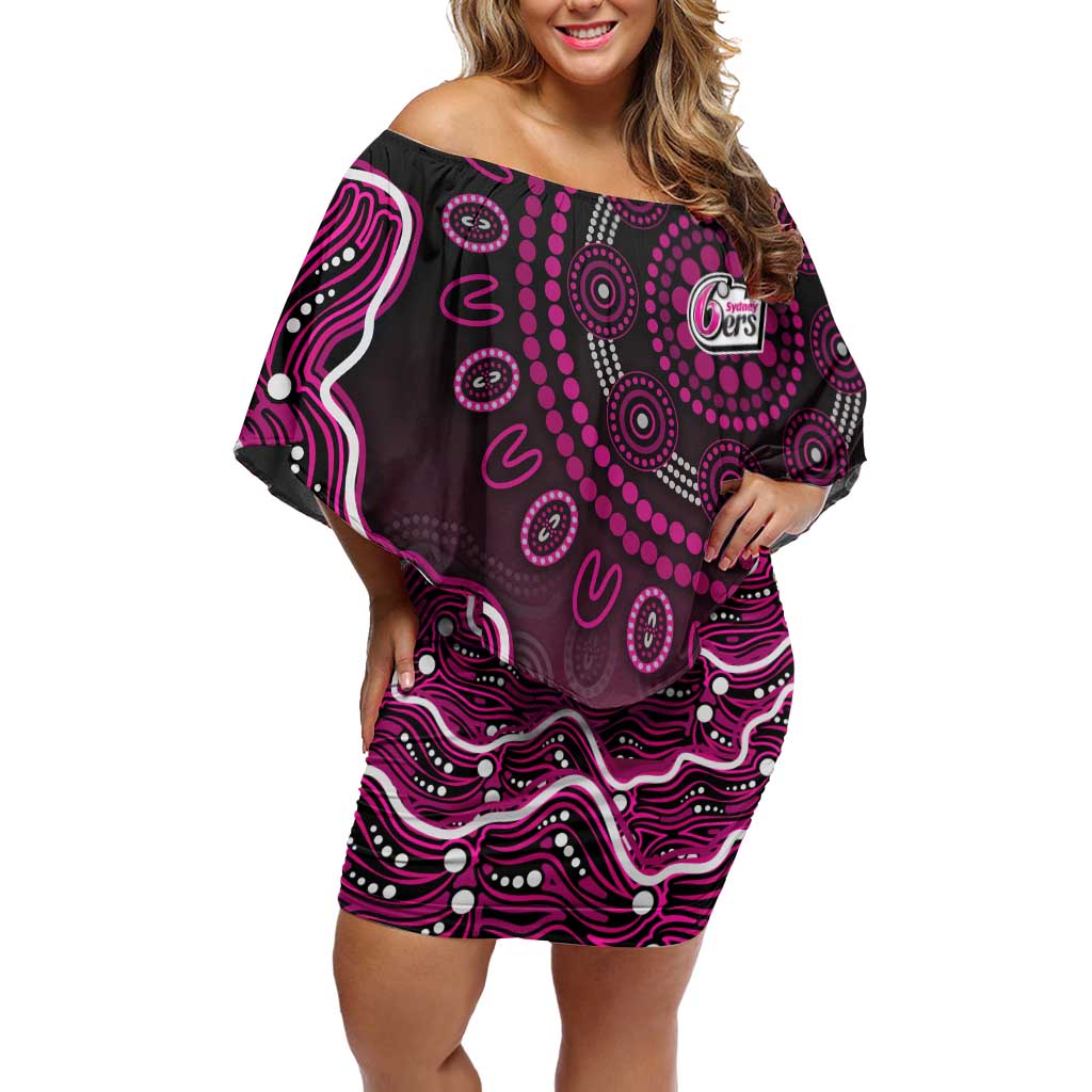 Sydney Sixers Cricket Mascot Off Shoulder Short Dress Aboriginal Dot Art Pink And Black Tribal Pattern