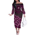 Sydney Sixers Cricket Mascot Off The Shoulder Long Sleeve Dress Aboriginal Dot Art Pink And Black Tribal Pattern
