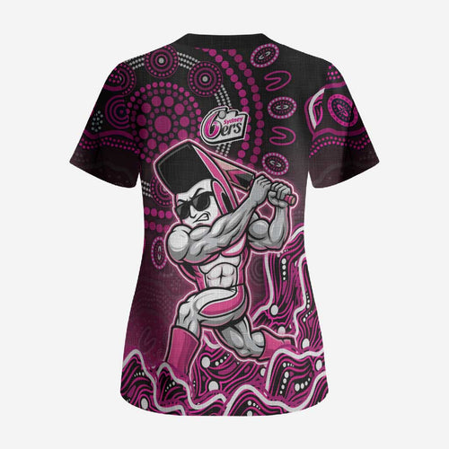 Sydney Sixers Cricket Mascot Scrub Top Aboriginal Dot Art Pink And Black Tribal Pattern