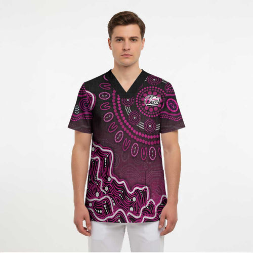 Sydney Sixers Cricket Mascot Scrub Top Aboriginal Dot Art Pink And Black Tribal Pattern