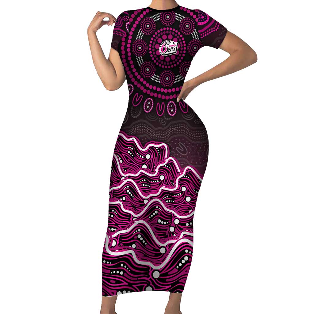 Sydney Sixers Cricket Mascot Short Sleeve Bodycon Dress Aboriginal Dot Art Pink And Black Tribal Pattern