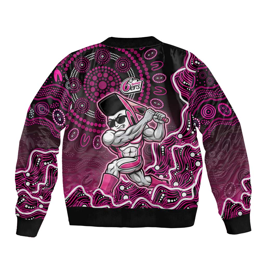 Sydney Sixers Cricket Mascot Sleeve Zip Bomber Jacket Aboriginal Dot Art Pink And Black Tribal Pattern