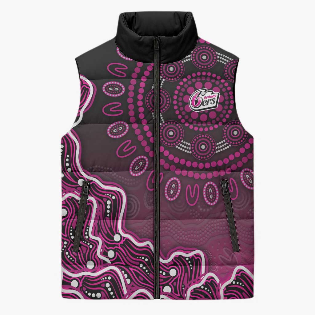 Sydney Sixers Cricket Mascot Sleeveless Puffer Jacket Aboriginal Dot Art Pink And Black Tribal Pattern
