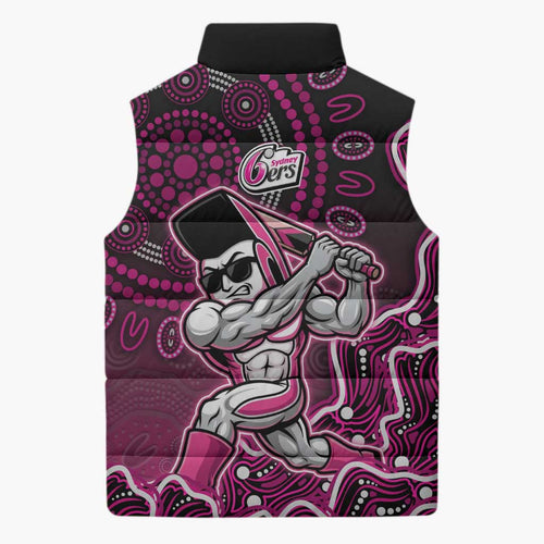 Sydney Sixers Cricket Mascot Sleeveless Puffer Jacket Aboriginal Dot Art Pink And Black Tribal Pattern