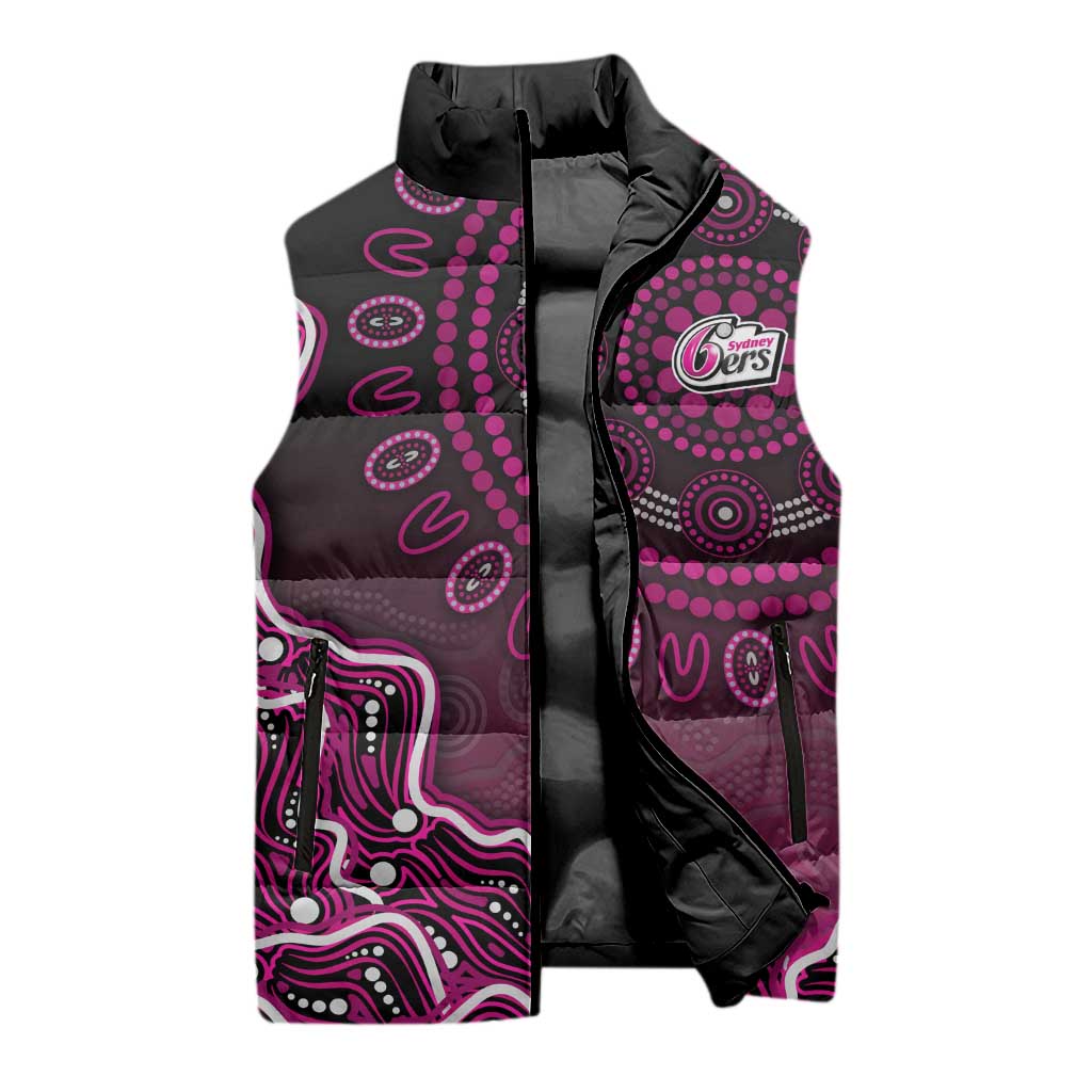 Sydney Sixers Cricket Mascot Sleeveless Puffer Jacket Aboriginal Dot Art Pink And Black Tribal Pattern