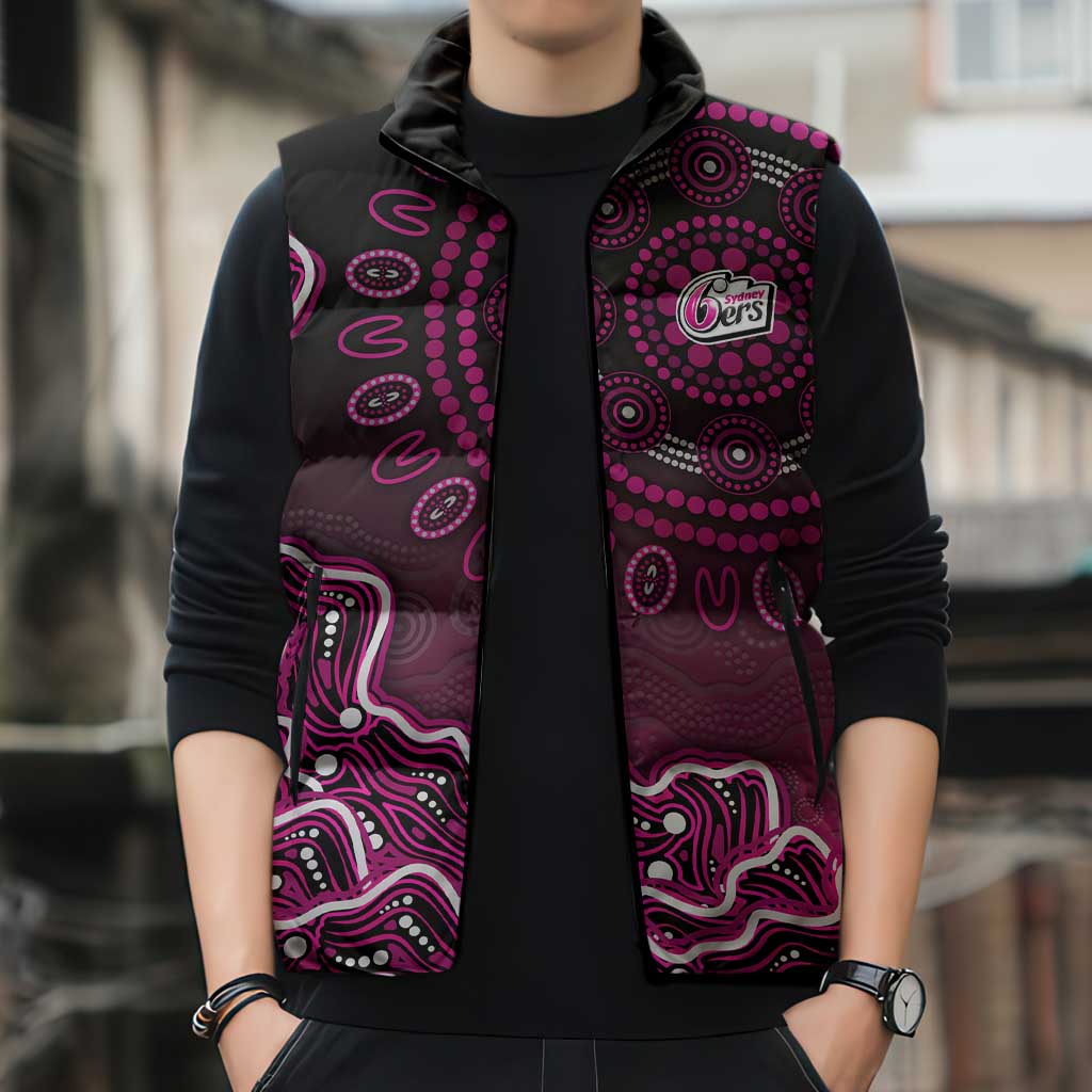 Sydney Sixers Cricket Mascot Sleeveless Puffer Jacket Aboriginal Dot Art Pink And Black Tribal Pattern