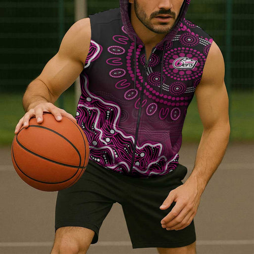 Sydney Sixers Cricket Mascot Sleeveless Zip Hoodie Aboriginal Dot Art Pink And Black Tribal Pattern
