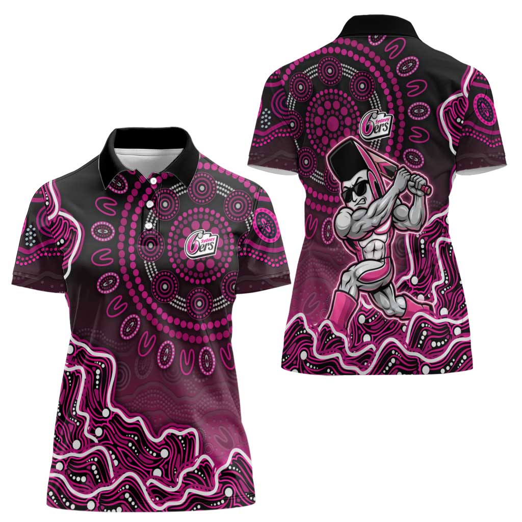 Sydney Sixers Cricket Mascot Women Polo Shirt Aboriginal Dot Art Pink And Black Tribal Pattern
