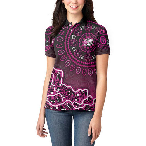 Sydney Sixers Cricket Mascot Women Polo Shirt Aboriginal Dot Art Pink And Black Tribal Pattern